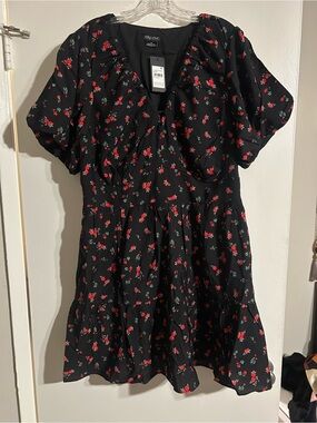 City Chic Black Mini Dress with Red Rose Print NWT